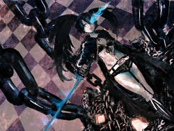 Rule 34 | 10s, 1girl, bad id, bad pixiv id, black rock shooter, black rock shooter (character), boots, chain, checkered floor, fire, scar, seafh, shorts, solo, sword, twintails, weapon