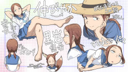 Rule 34 | 1girl, animal ear fluff, arm support, arms behind head, arms up, bare legs, blue neckerchief, blue sailor collar, blue skirt, brown eyes, brown hair, closed eyes, closed mouth, commentary request, cropped torso, crossed legs, feet, foreshortening, fox girl, fox tail, from behind, full body, fumia, head rest, houkago teibou nisshi, invisible chair, kuroiwa yuuki, leaning back, legs, looking at viewer, lying, miniskirt, multiple views, neckerchief, on side, parted bangs, pleated skirt, portrait, sailor collar, school uniform, shirt, short sleeves, sidelocks, sitting, skirt, tail, toes, translation request, twintails, white shirt
