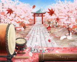 Rule 34 | 1girl, bad id, bad pixiv id, cherry blossoms, drum, female focus, hakurei reimu, instrument, japanese clothes, kazashino miyabi, koto (instrument), leaf, maple leaf, miko, nature, outdoors, petals, plant, sky, solo, taiko drum, torii, touhou