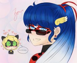Rule 34 | 1girl, blue eyes, blue hair, blush, chat noir, earrings, english text, female focus, hair ornament, hair ribbon, heart, heart-shaped pupils, highres, jewelry, ladybug (character), looking at viewer, looking over eyewear, looking over glasses, marinette dupain-cheng, mask, miraculous ladybug, ponytail, ribbon, smile, speech bubble, sunglasses, symbol-shaped pupils, tinted eyewear, zoeytessie
