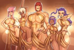 Rule 34 | 5girls, absurdres, armpits, arms up, blue eyes, bracelet, breasts, capcom, cleavage, curvy, dark-skinned female, dark skin, dress, drink, elena (street fighter), female focus, freeglass, gluteal fold, green eyes, hands on own hips, highres, huge breasts, jewelry, large breasts, lipstick, long hair, looking at viewer, makeup, manon legrand, marisa (street fighter), matching hair/eyes, medium breasts, menat, mole, mole under eye, multiple girls, muscular, muscular female, one eye closed, pink hair, purple eyes, purple hair, red hair, rose (street fighter), short hair, street fighter, street fighter 6, street fighter v, thick thighs, thighs, white hair