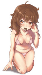 Rule 34 | 1girl, ahoge, bikini, blush, breasts, breasts apart, brown hair, candy, chocolate, chocolate heart, collarbone, copyright request, food, full body, hair between eyes, head tilt, heart, highres, kneeling, long hair, looking at viewer, medium breasts, mouth hold, piano-alice, pink bikini, solo, swimsuit, white background