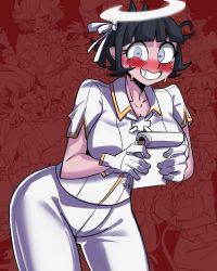 Rule 34 | 1girl, azazel (helltaker), black hair, blue eyes, blush, breasts, collared shirt, crazy agong, gloves, halo, helltaker, highres, holding, holding notebook, large breasts, looking at viewer, notebook, notepad, pants, shirt, short hair, solo, white gloves, white pants, white shirt