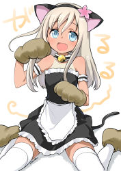 Rule 34 | 10s, 1girl, :d, absurdres, alternate costume, animal ears, animal hands, bell, blue eyes, cat day, cat ears, cat paws, cat tail, fake animal ears, highres, kantai collection, long hair, looking at viewer, maid, open mouth, ro-500 (kancolle), ryuki (ryukisukune), silver hair, sitting, smile, solo, tail, tan, tanline, thighhighs, translated, white thighhighs, zettai ryouiki