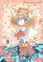 Rule 34 | 1girl, :o, alice margatroid, animal ears, arms up, artist name, bad id, bad pixiv id, bell, blonde hair, blue dress, blue eyes, border, bow, capelet, cat ears, cat girl, cat tail, colored pencil (medium), dress, female focus, flower, frills, headband, jewelry, kemonomimi mode, lace, looking at viewer, marker (medium), open hand, pink background, puppet rings, puppet strings, ribbon, ring, saiokuid, sample watermark, sash, short hair, solo, tail, touhou, traditional media, watermark, wrist cuffs