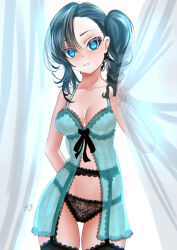 Rule 34 | 1girl, artist name, asymmetrical bangs, babydoll, backlighting, black garter belt, black panties, black thighhighs, blue eyes, blue hair, commentary, cowboy shot, curtains, drill hair, garter belt, green babydoll, highres, kein hasegawa, lace, lace-trimmed babydoll, lace-trimmed garter belt, lace-trimmed panties, lace-trimmed thighhighs, lace panties, lace trim, lingerie, looking at viewer, medium hair, original, panties, parted lips, side drill, side ponytail, signature, smile, solo, standing, thighhighs, underwear