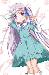Rule 34 | 10s, 1girl, arm on own head, arm up, bed, blue dress, dress, gotou jun, highres, kneehighs, long hair, lying, on back, one side up, open mouth, purple eyes, purple hair, ribbon, side ponytail, socks, solo, tenshi no 3p!, very long hair, white socks, xiaosamiao