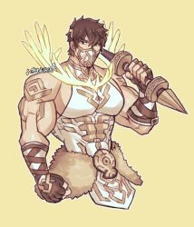 Rule 34 | 1boy, abs, artist name, bara, brown eyes, brown hair, character request, clenched hand, fire emblem, fire emblem heroes, highres, holding, holding weapon, large pectorals, looking at viewer, male focus, masked, muscular, muscular male, nintendo, oneirio, pectorals, shirt, sleeveless, sleeveless shirt, twitter username, weapon, yellow background