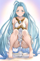 Rule 34 | 1girl, ahoge, aldehyde, bare legs, bare shoulders, barefoot, blue eyes, blue hair, blush, choker, closed mouth, collarbone, commentary request, cup, dress, gradient background, granblue fantasy, highres, legs, long hair, looking at viewer, lyria (granblue fantasy), panties, solo, squatting, toes, underwear, very long hair, white choker, white dress, white panties