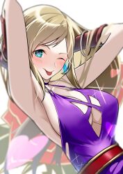 Rule 34 | 1girl, :p, armpits, arms up, belt, blonde hair, blue eyes, blush, breasts, cleavage, dress, earrings, fatal fury, heart, heart-shaped pupils, highres, jenet behrn, jewelry, large breasts, long hair, looking at viewer, mizumok1, one eye closed, purple dress, sideboob, sleeveless, smile, solo, symbol-shaped pupils, the king of fighters, tongue, tongue out, wink