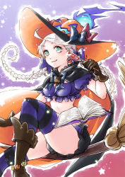Rule 34 | 1girl, ahoge, blue eyes, braid, breasts, broom, broom riding, candy, closed mouth, ebi puri (ebi-ebi), fire emblem, fire emblem fates, fire emblem heroes, food, hat, holding, looking at viewer, medium breasts, nina (fire emblem), nintendo, simple background, white hair, witch, witch hat