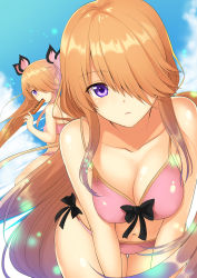 Rule 34 | 2girls, aged up, artist logo, bikini, black ribbon, blue sky, breasts, breasts squeezed together, brown hair, cleavage, cloud, collarbone, commentary request, day, dual persona, eating, expressionless, food, food in mouth, front-tie bikini top, front-tie top, hair over one eye, hair ribbon, highres, holding, holding food, leaning forward, light particles, long hair, looking at viewer, looking back, mahcdai, medium breasts, multiple girls, navel, original, outdoors, parted lips, pink bikini, pink ribbon, purple eyes, ribbon, rum ialis, sausage, shiny skin, side-tie bikini bottom, sidelocks, sky, standing, swimsuit, twintails