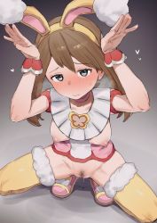 Rule 34 | 1girl, absurdres, animal ears, blush, breasts, brown hair, choker, cleft of venus, closed mouth, creatures (company), fake animal ears, female pubic hair, game freak, grey eyes, hairband, highres, ie (raarami), long hair, looking at viewer, may (pokemon), may (spring 2021) (pokemon), medium breasts, nintendo, nipples, official alternate costume, pokemon, pokemon masters ex, pubic hair, rabbit ears, solo, squatting, thighhighs, wrist cuffs, yellow thighhighs