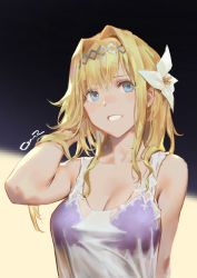Rule 34 | 1girl, alternate costume, arm at side, bare shoulders, bikini, bikini under clothes, black background, blonde hair, blue eyes, breasts, cancer (zjcconan), cleavage, collarbone, commentary request, contemporary, flower, granblue fantasy, hair flip, hair flower, hair intakes, hair ornament, hairband, jeanne d&#039;arc (granblue fantasy), large breasts, lily (flower), long hair, looking away, multicolored background, open mouth, see-through, signature, solo, swimsuit, tank top, upper body, wet, wet clothes, white background