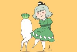 Rule 34 | 1girl, arms behind back, artist name, black headwear, breasts, collared dress, daikon, dated, dress, closed eyes, ghost tail, green dress, green hair, hat, long sleeves, multiple tails, onikobe rin, oversized food, oversized object, radish, short hair, smile, soga no tojiko, tail, tate eboshi, touhou, yellow background
