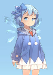 Rule 34 | 1girl, adapted costume, alternate costume, blue bow, blue eyes, blue hair, blue hoodie, blue theme, blvefo9, bow, cirno, closed mouth, cowboy shot, hair bow, hood, hoodie, ice, ice wings, light smile, long sleeves, looking at viewer, necktie, pom pom (clothes), red necktie, shirt, short hair, simple background, solo, touhou, white shirt, wings