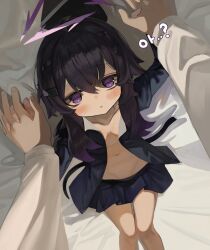 Rule 34 | 1boy, 1girl, arm up, bed sheet, black hair, black headwear, black jacket, black skirt, blue archive, blush, breasts, commentary request, dokomon, feet out of frame, garrison cap, gradient hair, groin, hair between eyes, halo, hand up, haruka (blue archive), hat, unworn hat, unworn headwear, highres, holding hands, interlocked fingers, jacket, korean commentary, korean text, long sleeves, lying, multicolored hair, navel, no shirt, on back, open clothes, open jacket, parted lips, pillow, pleated skirt, purple eyes, purple hair, sensei (blue archive), skirt, small breasts, solo focus, sweat, translation request, upside-down
