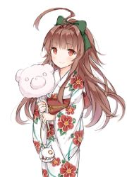Rule 34 | 10s, 1girl, ahoge, bow, brown eyes, brown hair, closed mouth, commentary request, green bow, hair bow, japanese clothes, kantai collection, kimono, kuma (kancolle), long hair, long sleeves, smile, solo, wataame27, wide sleeves, yukata