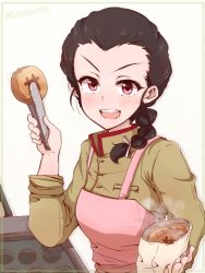 Rule 34 | 1girl, alternate eye color, apron, black hair, border, braid, brown jacket, chi-hatan school uniform, commentary, food, girls und panzer, green border, hair over shoulder, hair pulled back, hair ribbon, high collar, highres, holding, holding food, jacket, kibimoka, long hair, long sleeves, looking at viewer, open mouth, pink apron, purple eyes, religious offering, ribbon, school uniform, single braid, sleeves rolled up, smile, solo, steam, tamada tamaki, tongs, twitter username, white ribbon