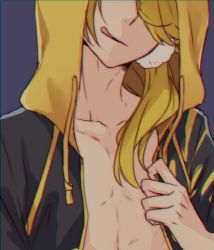Rule 34 | 10s, 1boy, blonde hair, blue background, collarbone, head out of frame, hood, hoodie, jacket, licking lips, male focus, open clothes, open jacket, rio (rio 01), scrunchie, shishiou (touken ranbu), simple background, solo, tongue, tongue out, touken ranbu