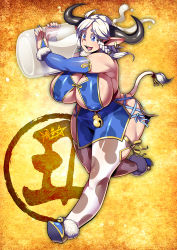 Rule 34 | 1girl, 2021, animal ears, animal print, black horns, blue dress, blue eyes, blue gloves, blue nails, bottle, braid, breasts, bridal gauntlets, carrying over shoulder, china dress, chinese clothes, chinese zodiac, cleavage, cleavage cutout, clothing cutout, commentary request, covered erect nipples, cow ears, cow girl, cow horns, cow print, cow tail, curvy, dress, earrings, elbow gloves, fingernails, full body, gloves, highres, hoop earrings, horns, huge breasts, jewelry, milk, milk bottle, mixed-language commentary, nail polish, new year, no bra, original, oversized object, pointy ears, pointy footwear, print thighhighs, running, ryuusei (mark ii), side braid, sideboob, solo, spilling, tail, thick eyebrows, thick thighs, thighhighs, thighs, white hair, year of the ox