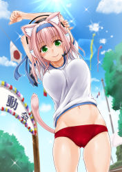 Rule 34 | 1girl, animal ears, arms behind head, arms up, blush, breasts, buruma, cameltoe, cat ears, cat girl, cat tail, cloud, cowboy shot, day, female focus, fireworks, from below, ganari ryuu, green eyes, groin, gym uniform, hairband, headset, highres, japanese flag, large breasts, lens flare, looking at viewer, midriff, navel, original, outdoors, pink hair, pole, shirt, short hair, short sleeves, sky, smile, solo, sparkle, sportswear, stretching, sunlight, tail, tamatoys, tree, white shirt