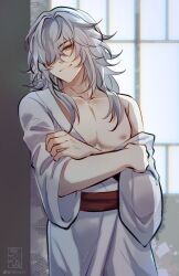 Rule 34 | 1boy, alternate hairstyle, belt, crossed arms, grey hair, hair down, hair over one eye, highres, honkai: star rail, honkai (series), jing yuan, long sleeves, looking at viewer, male focus, michi (69michichi), mole, mole under eye, nipples, one eye covered, pectorals, red belt, robe, robe partially removed, smirk, solo, white robe, yellow eyes