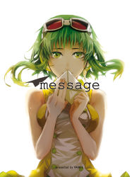 Rule 34 | 1girl, bad id, bad pixiv id, bare shoulders, breasts, female focus, goggles, goggles on head, green eyes, green hair, gumi, headphones, highres, letter, matching hair/eyes, rahwia, short hair, simple background, sleeveless, solo, vocaloid, white background