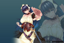 Rule 34 | 1girl, apron, bare shoulders, belt, blue eyes, blue hair, blush, breasts, cleavage, collar, corset, dmm, dress, key, keyring, large breasts, long hair, looking at viewer, maid headdress, matching hair/eyes, simple background, smile, solo, standing, sword, weapon