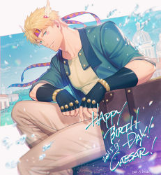 Rule 34 | 1boy, artist name, battle tendency, birthday, black gloves, blonde hair, brown pants, caesar anthonio zeppeli, character name, commentary request, dated, dutch angle, facial mark, feather hair ornament, feathers, fingerless gloves, glint, gloves, green eyes, green jacket, green shirt, feather hair ornament, happy birthday, headband, jacket, jojo no kimyou na bouken, kuren, looking at viewer, male focus, pants, shirt, short hair, signature, smile, solo, suitcase, triangle print, water drop