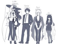 Rule 34 | 1boy, 3girls, black hair, character chart, faust (project moon), formal, full body, hat, height difference, lab coat, limbus company, long hair, multicolored hair, multiple girls, necktie, project moon, saccharhythm, samjo (project moon), sei shounagon (saccharhythm), short hair, simple background, suit, white background, white hair