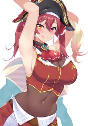Rule 34 | 1girl, arms up, ascot, blush, breasts, cleavage, covered navel, hair between eyes, hair ribbon, hat, heavy breathing, hololive, houshou marine, kuavera, large breasts, leotard, leotard under clothes, licking lips, long hair, pirate hat, red hair, red ribbon, red skirt, ribbon, see-through, see-through cleavage, see-through leotard, simple background, skirt, sleeveless, solo, tongue, tongue out, virtual youtuber, white background, yellow eyes
