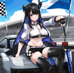 Rule 34 | 1girl, absurdres, aidoruhakase, asymmetrical horns, black hair, blue hair, blush, breasts, checkered flag, cleavage, colored inner hair, demon horns, flag, gloves, hair ornament, highres, hololive, hololive english, horns, large breasts, long hair, looking at viewer, mole, mole under eye, multicolored hair, navel, nerissa ravencroft, race queen, red eyes, smile, thighhighs, two-tone hair, uneven horns, very long hair, virtual youtuber