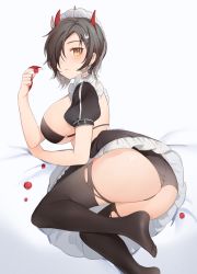 Rule 34 | 1girl, absurdres, ariko (aaaaarik), ass, azur lane, bikini, black hair, black panties, black skirt, breasts, cherry, claws, closed mouth, commentary request, earrings, food, frilled skirt, frills, from behind, fruit, hair ornament, hair over one eye, highres, horns, jewelry, large breasts, looking at viewer, lying, maid, maid bikini, maid headdress, miniskirt, official alternate costume, on side, panties, puffy short sleeves, puffy sleeves, rabbit hair ornament, short hair, short sleeves, skirt, smile, solo, stud earrings, swimsuit, thighhighs, ulrich von hutten (azur lane), ulrich von hutten (mayhem maid) (azur lane), unconventional maid, underwear, yellow eyes