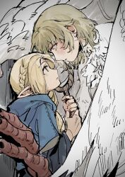 Rule 34 | 2girls, ambrosia (dungeon meshi), blonde hair, blue capelet, blush, capelet, chimera, commentary request, dungeon meshi, elf, eye contact, falin touden, falin touden (chimera), feathered wings, from side, green eyes, highres, holding, holding staff, light brown hair, long hair, looking at another, marcille donato, monster girl, multiple girls, parted lips, pointy ears, profile, short hair, staff, sweatdrop, wings, yanlingjinshilihuahua, yellow eyes, yuri