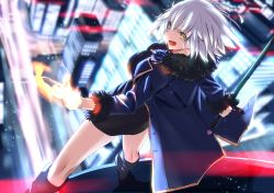 Rule 34 | 1girl, black dress, black jacket, building, coat, commentary request, dress, fate/grand order, fate (series), fur-trimmed coat, fur-trimmed jacket, fur-trimmed sleeves, fur collar, fur trim, highres, jacket, jeanne d&#039;arc (fate), jeanne d&#039;arc alter (fate), jeanne d&#039;arc alter (ver. shinjuku 1999) (fate), jewelry, necklace, official alternate costume, open clothes, open coat, open jacket, open mouth, outstretched arms, short dress, short hair, silver hair, spread arms, sword, tsurime, tsuuhan, weapon, wicked dragon witch ver. shinjuku 1999, yellow eyes
