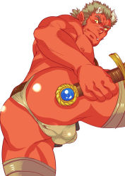 Rule 34 | 1boy, ass, ass focus, bara, blush, broken horn, bulge, colored sclera, colored skin, fangs, from behind, goshingo1, holding, holding sword, holding weapon, horns, legs apart, long sideburns, looking at viewer, male focus, mature male, monster boy, muscular, muscular male, nipples, oni, oni horns, orgus (f-kare), pectorals, red oni, red skin, shiny skin, short hair, shoukan yuusha to f-kei kareshi, sideburns, solo, sword, thick thighs, thighhighs, thighs, tokyo houkago summoners, topless male, weapon, yellow sclera