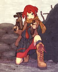 Rule 34 | 1girl, blush, boots, bullet hole, cross-laced footwear, gun, h&amp;k mp5k, heckler &amp; koch, jacket, knee boots, kneehighs, kneeling, lace-up boots, looking at viewer, on one knee, open mouth, original, red hair, red shorts, scarf, school uniform, serafuku, shell casing, shorts, shorts under skirt, socks, submachine gun, tessaku ro, tetsuro ito, trigger discipline, two side up, weapon