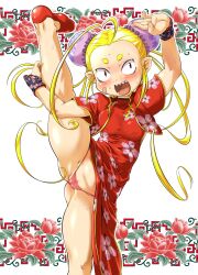 Rule 34 | 1girl, bandaid, bandaid on face, blonde hair, blush, breasts, cameltoe, chinese clothes, cleft of venus, constricted pupils, double bun, dress, flower print, forehead, hair bun, highres, leg up, long hair, open mouth, original, panties, pink panties, pointy ears, pussy, pussy peek, red dress, red eyes, red footwear, sharp teeth, short sleeves, small breasts, smile, solo, spread legs, standing, standing on one leg, sweat, takura mahiro, teeth, thick eyebrows, thong, tongue, underwear, vest, white background, wristband