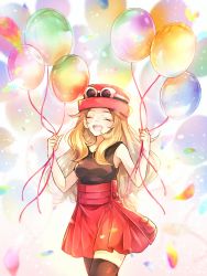 Rule 34 | 1girl, :d, balloon, bare arms, blonde hair, blurry, blush, brown shirt, brown thighhighs, closed eyes, commentary, creatures (company), eyelashes, eyewear on headwear, game freak, hands up, hat, high-waist skirt, highres, holding, holding string, long hair, nintendo, open mouth, pokemon, pokemon xy, red skirt, serena (pokemon), shirt, skirt, sleeveless, sleeveless shirt, smile, solo, string, sunglasses, teeth, thighhighs, tongue, upper teeth only, yomogi (black-elf)