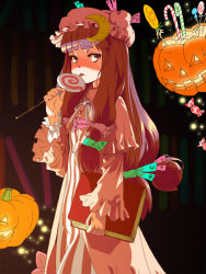 Rule 34 | 1girl, bad id, bad pixiv id, baro, book, candy, candy cane, carrying, female focus, food, hair ornament, hair ribbon, hairclip, halloween, jack-o&#039;-lantern, licking, lollipop, long hair, patchouli knowledge, pumpkin, ribbon, solo, swirl lollipop, touhou