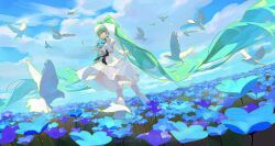 Rule 34 | animal, aqua eyes, bird, black ribbon, blue flower, bow, cloud, cloudy sky, colorful, dress, elbow gloves, field, flower, flower field, gloves, guguzi, hair bow, hatsune miku, highres, holding, holding flower, looking at viewer, ribbon, sky, solo, standing, twintails, vocaloid, white bow, white dress, white gloves