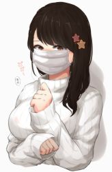 Rule 34 | 1girl, black hair, breasts, brown eyes, clenched hands, commentary request, eyebrows hidden by hair, hair ornament, hair over shoulder, highres, hoojiro (found1093), large breasts, long hair, long sleeves, looking at viewer, mask, mouth mask, original, ribbed sweater, simple background, sleeves past wrists, solo, star (symbol), star hair ornament, surgical mask, sweater, swept bangs, turtleneck, turtleneck sweater, upper body, white background, white sweater