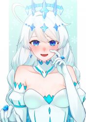 Rule 34 | 1girl, :d, absurdres, ahoge, blue eyes, blue gemstone, braid, breasts, commentary request, detached sleeves, dress, elbow gloves, gem, gloves, hair between eyes, highres, honkai (series), honkai impact 3rd, jewelry, kiana kaslana, long hair, low twintails, maro (mqro), medium breasts, open mouth, puffy short sleeves, puffy sleeves, ring, short sleeves, smile, snowflake background, solo, strapless, strapless dress, tears, twin braids, twintails, upper body, very long hair, white dress, white gloves, white hair, white sleeves