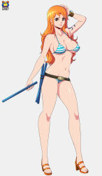 Rule 34 | 1girl, absurdres, bikini, bikini top only, breasts, high heels, highres, kyoffie, large breasts, lips, lipstick, makeup, nami (one piece), one piece, orange hair, sandals, smile, swimsuit, tattoo