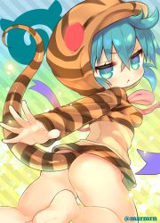 Rule 34 | 10s, 1girl, :&lt;, ass, bad id, bad pixiv id, bare legs, barefoot, blue hair, bow, breasts, closed mouth, commentary request, diagonal stripes, gradient ribbon, green eyes, hair between eyes, hood, hood up, hoodie, kemono friends, long sleeves, looking at viewer, looking back, mashiro miru, medium breasts, no panties, outstretched arm, pink bow, pink ribbon, purple ribbon, ribbon, snake tail, soles, solo, star (symbol), starry background, striped background, striped clothes, striped hoodie, striped tail, tail, tsuchinoko (kemono friends), twitter username
