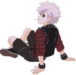 Rule 34 | 1boy, brit, child, from behind, hunter x hunter, killua zoldyck, male focus, simple background, sitting, solo, white background