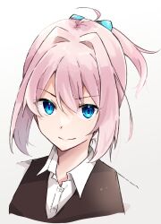 Rule 34 | 1girl, black vest, blue eyes, blush, closed mouth, collared shirt, hair between eyes, highres, kantai collection, pink hair, ponytail, portrait, shiranui (kancolle), shirt, short hair, simple background, smile, solo, u yuz xx, vest, white background, white shirt
