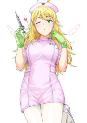 Rule 34 | 1girl, ;o, ahoge, blonde hair, blush, breasts, dress, finger to cheek, gloves, green eyes, green gloves, hat, heart, highres, holding, holding syringe, hoshii miki, idolmaster, idolmaster (classic), latex, latex gloves, leg up, long hair, looking at viewer, medium breasts, name tag, nurse, nurse cap, one eye closed, pantyhose, parted lips, pink dress, short sleeves, simple background, solo, standing, standing on one leg, syringe, tsurui, white background, white pantyhose