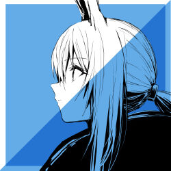 Rule 34 | 1girl, absurdres, album cover, amiya (arknights), animal ears, arknights, blue theme, border, cover, expressionless, from side, hair between eyes, highres, limited palette, monochrome, official art, outside border, ponytail, portrait, profile, rabbit ears, sidelocks, solo, white border